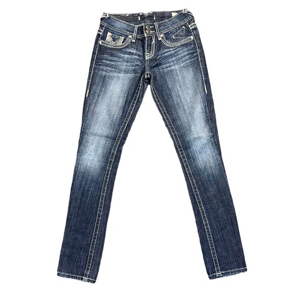 Vigoss Womens Skinny Denim Blue Jeans Dark Wash Embroidered Jeweled Size 1 26 - Picture 1 of 16